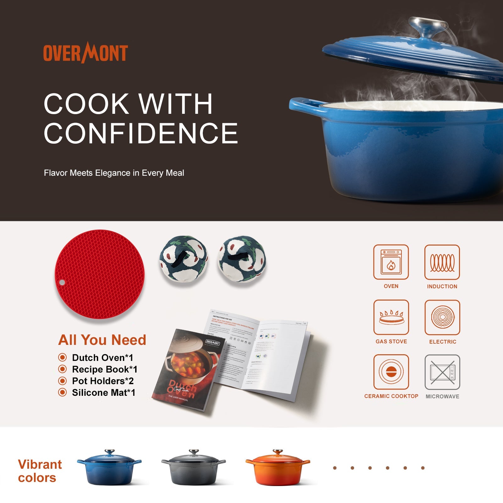 Overmont 5.5Quart Cast Iron Dutch Oven Drip-pattern Lid Multicolor