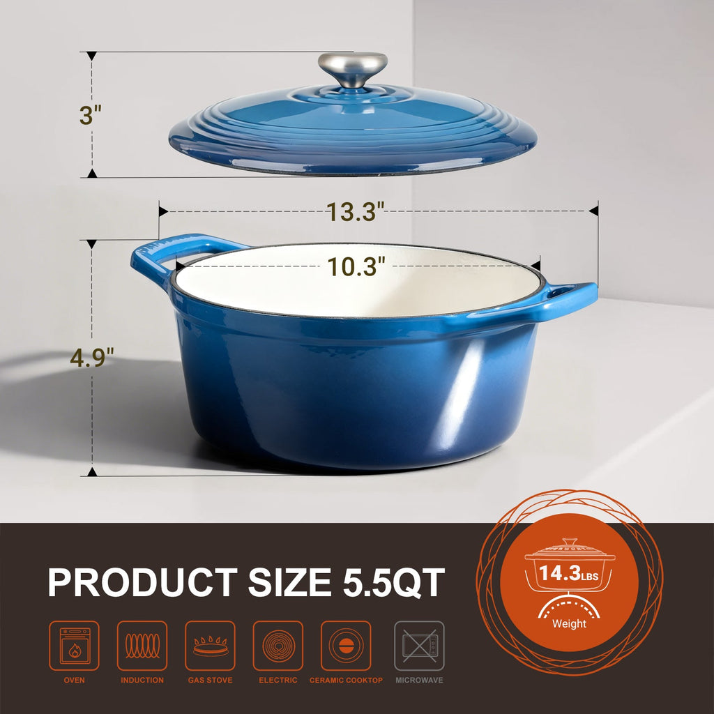 Overmont 5.5Quart Cast Iron Dutch Oven Drip-pattern Lid Multicolor