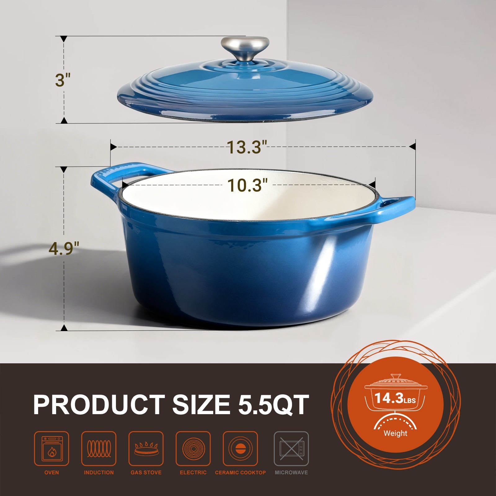Overmont 5.5Quart Cast Iron Dutch Oven Drip-pattern Lid Multicolor