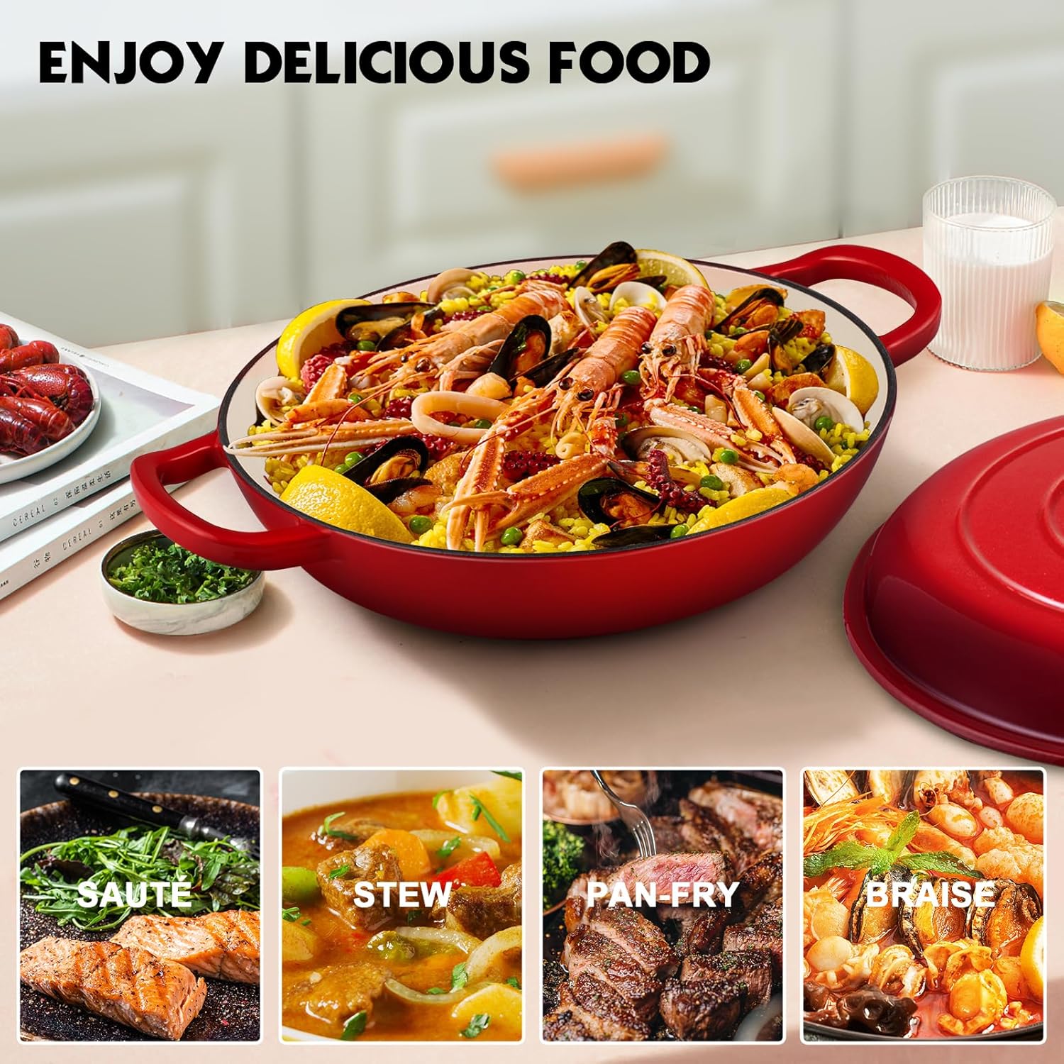 Different ways to cook in a 3.8qt red cast iron pan