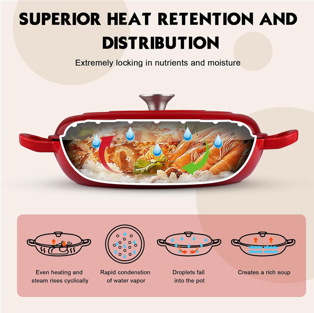Red pot with food inside, showing superior heat retention and distribution features.