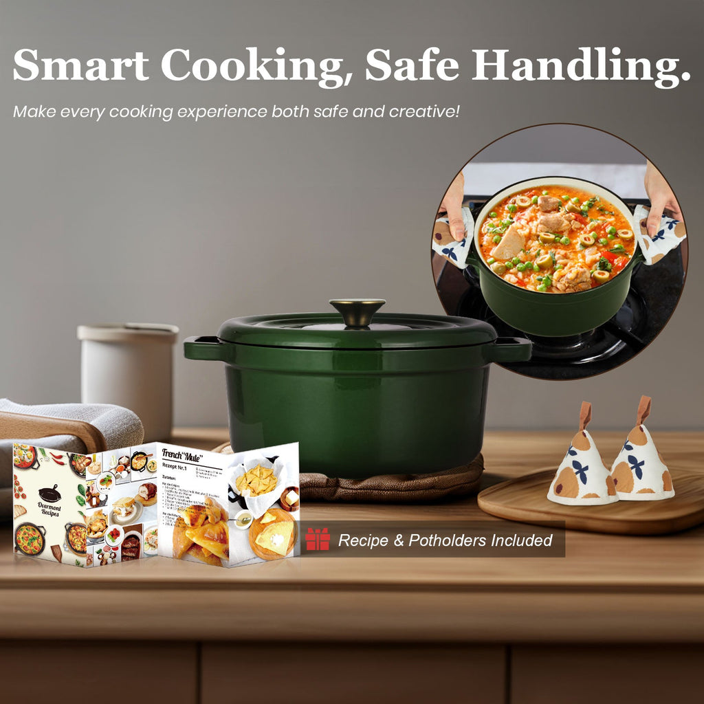 Green cooking pot with a dish of food, recipe cards, and potholders
