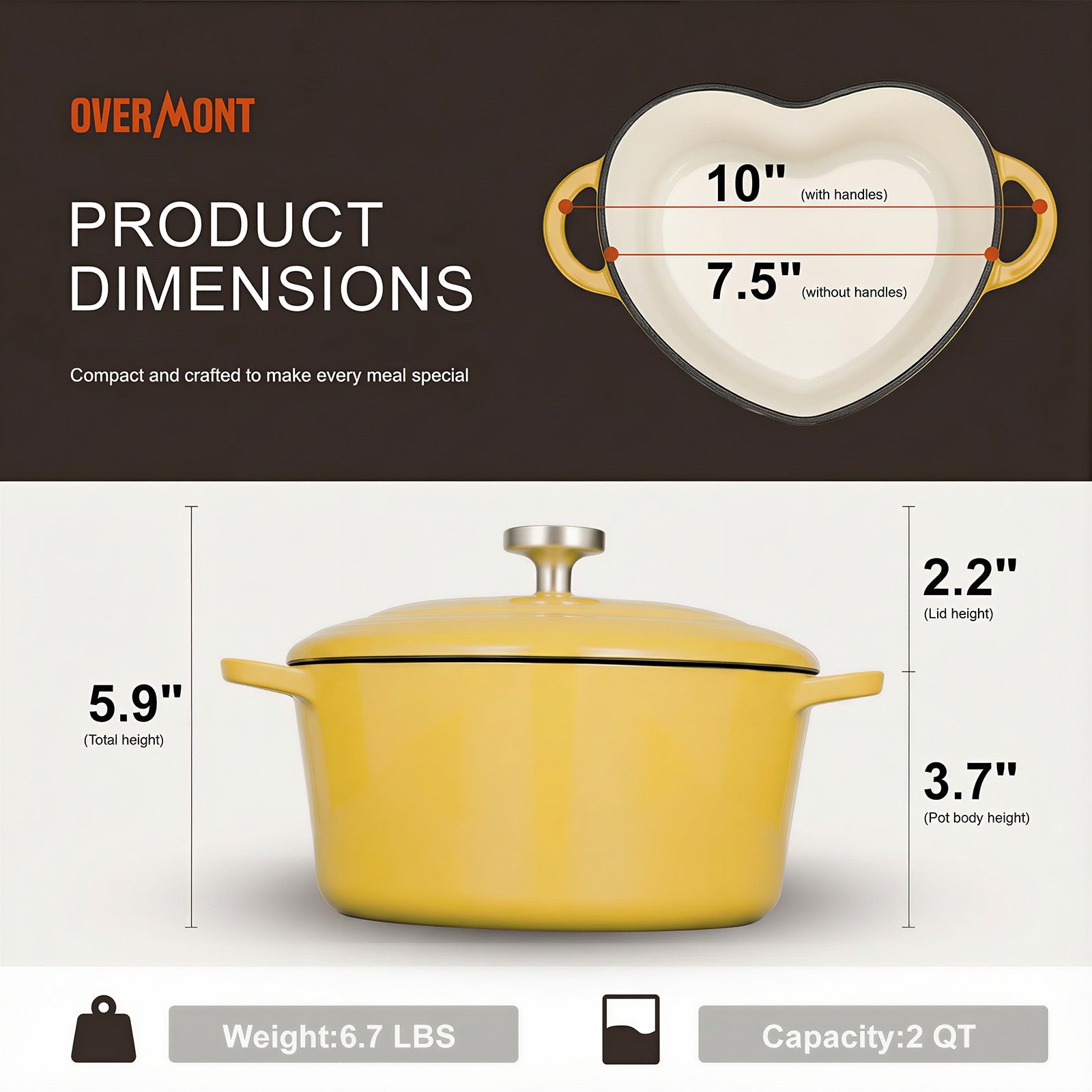 Overmont Heart-Shaped Cast Iron Dutch Oven 2QT Multicolor