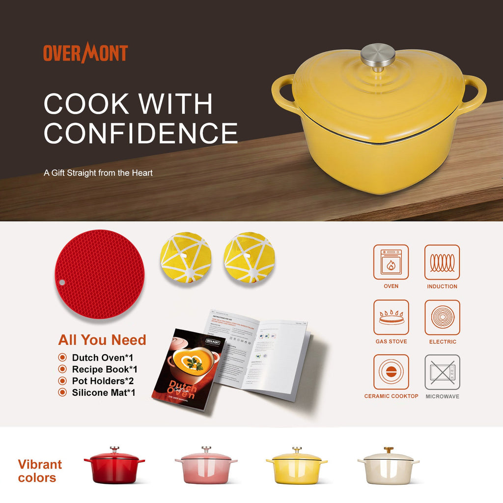 Overmont Heart-Shaped Cast Iron Dutch Oven 2QT Multicolor