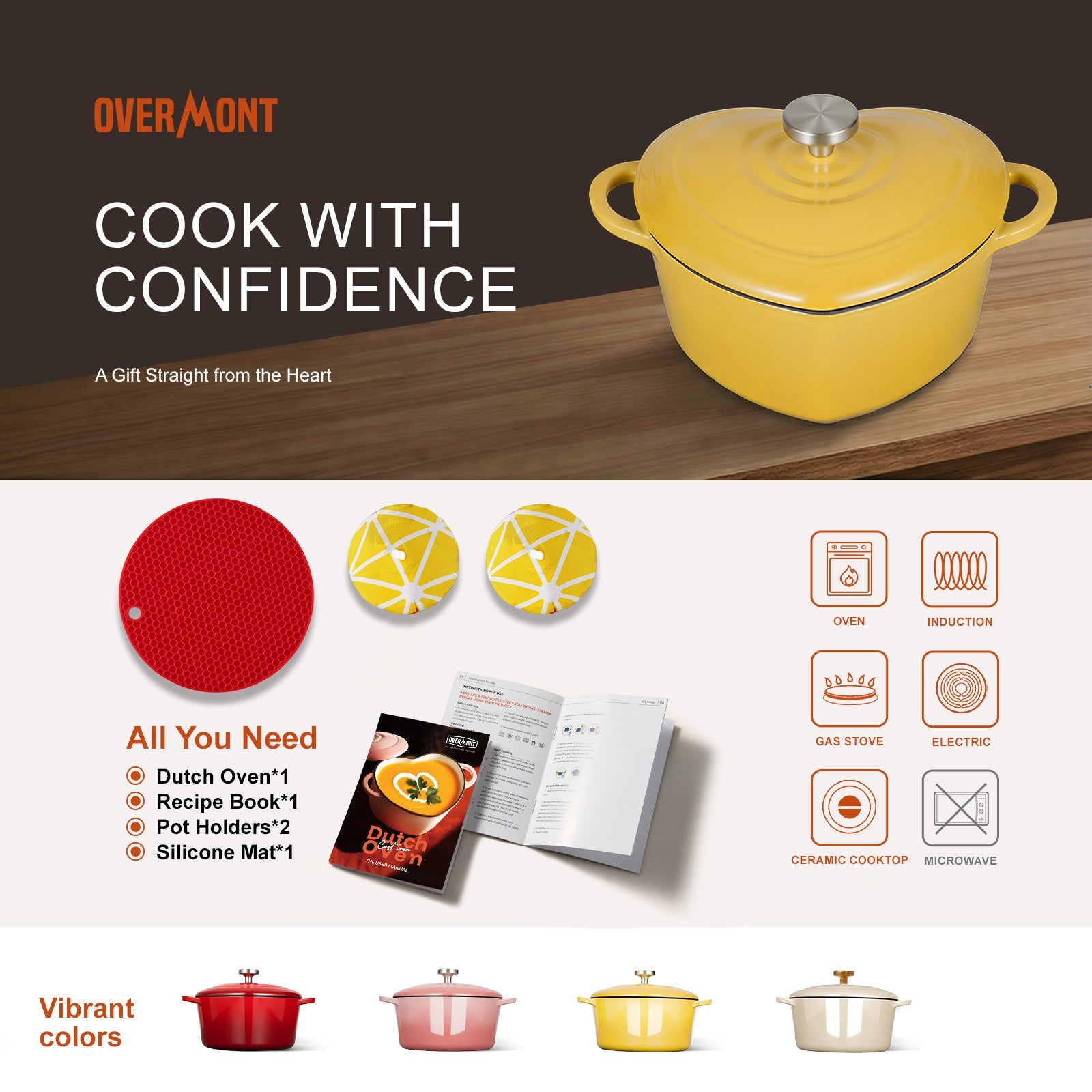 Overmont Heart-Shaped Cast Iron Dutch Oven 2QT Multicolor