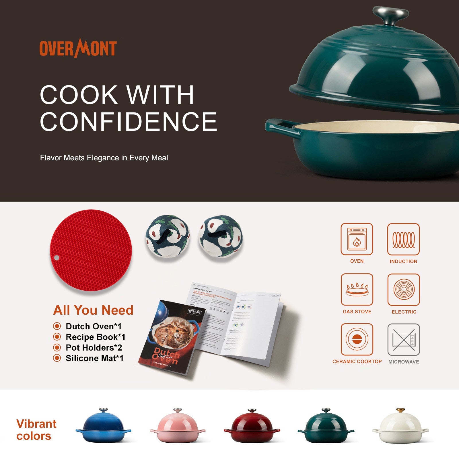 Overmont 6QT Cast Iron Bread Dutch Oven Multicolor