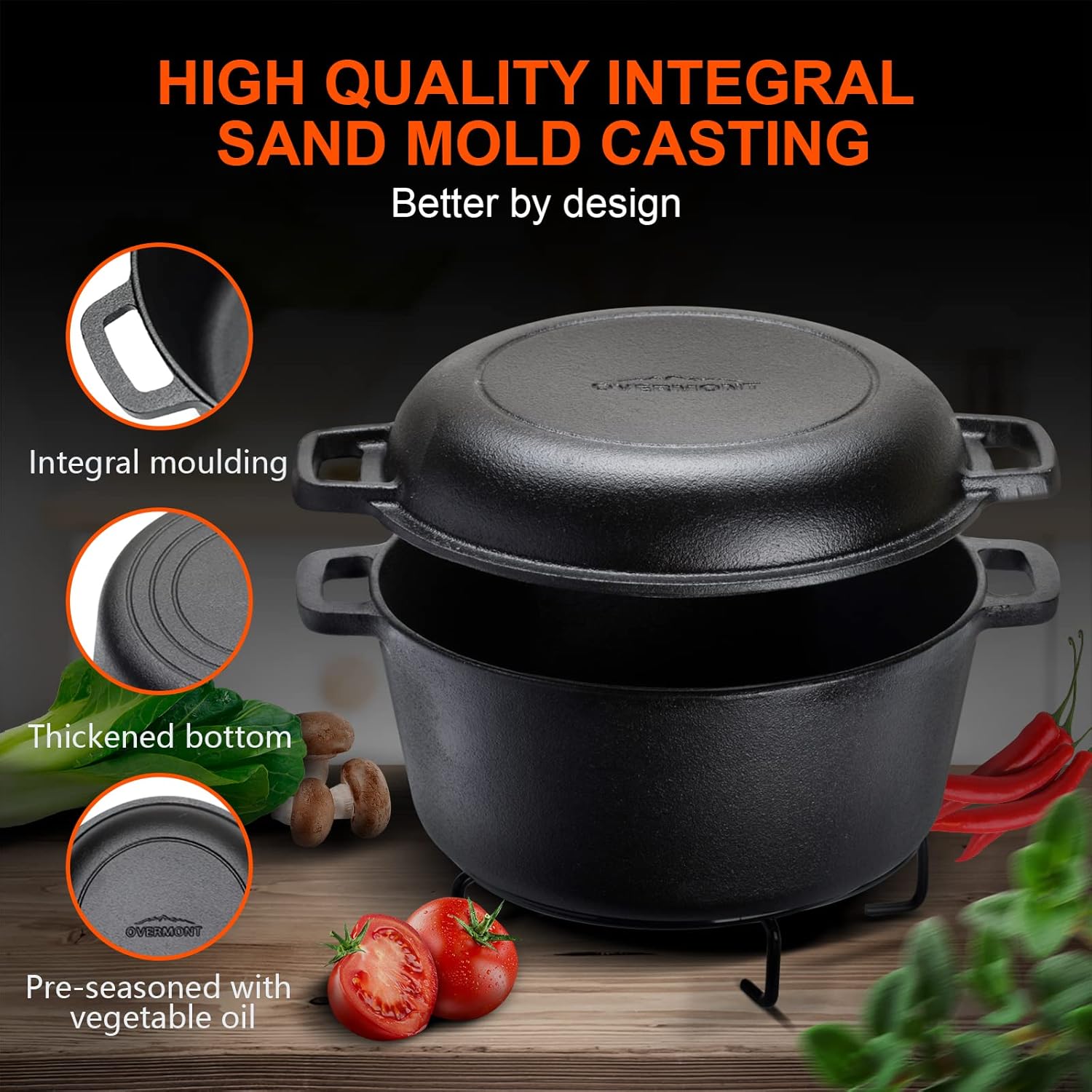 Overmont 2 in 1 Dutch Oven with Skillet Lid